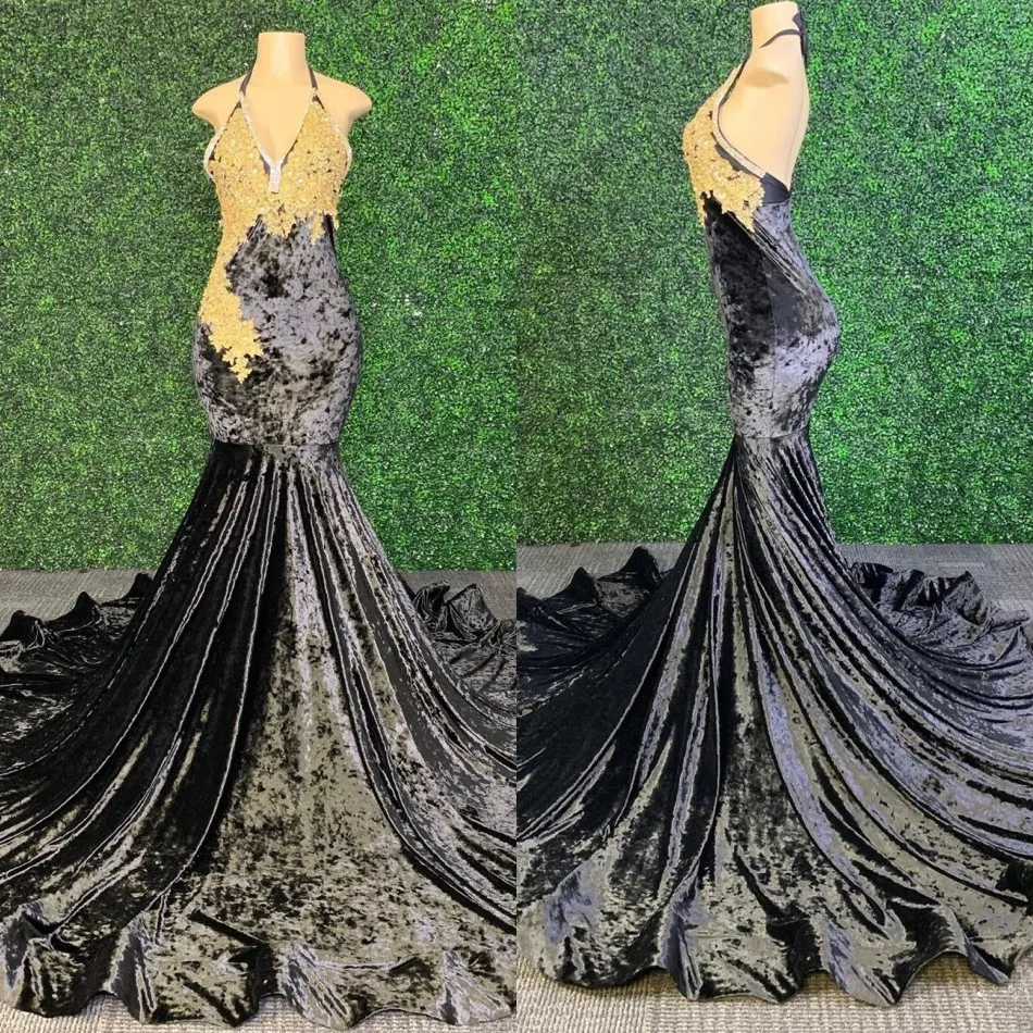 Black Velvet Mermaid Long Prom Dresses Sexy Backless With Gold Appliques High Quality African Black Girl Prom Dress