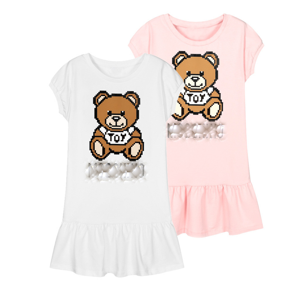 New Summer Dress Fashion Brand Cartoon Letter Style Kids Girl Clothes Long-sleeved Bear Print Clothes Baby Girls Princess Dresses 2-10 Year