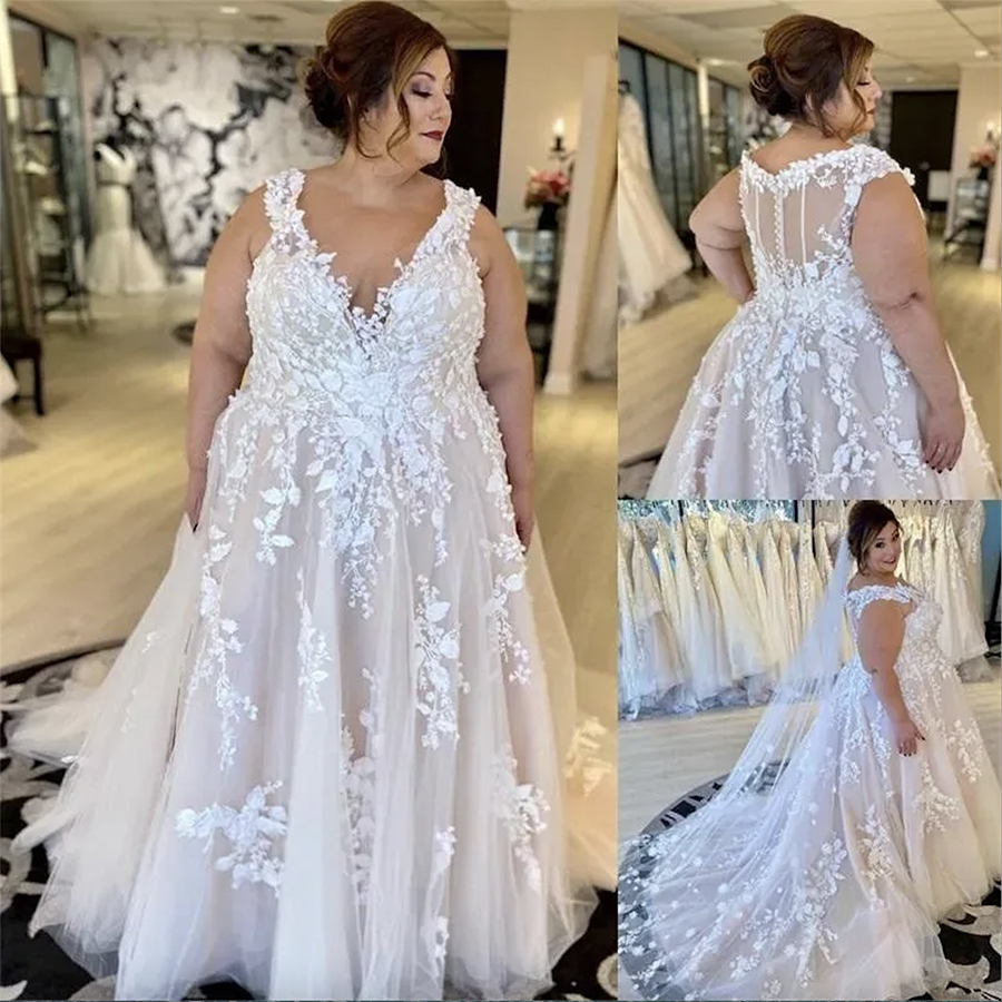 Plus Size Wedding Dresses Bridal Gown with 3D Floral Lace Applique V Neck Sweep Train Tulle Custom Made Covered Buttons Back vestido de novia