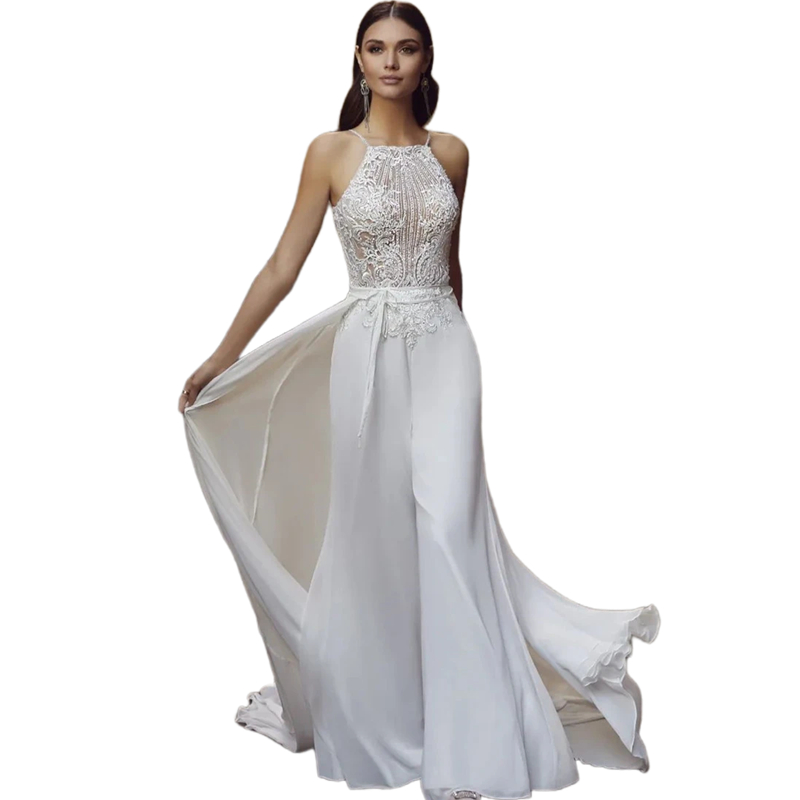 Sexy Sleeveless Chiffon Jumpsuits Wedding Dresses Lace Appliques Beading Sequins Spghetti Open Back White Long Boho Bridal Gown With Detachable Train 