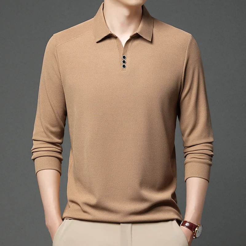 2023 Business Office Fashion PoloNeck Mens Shirt Autumn Winter Casual Allmatch Solid Color Long Sleeve Tshirt Male Clothes 240304