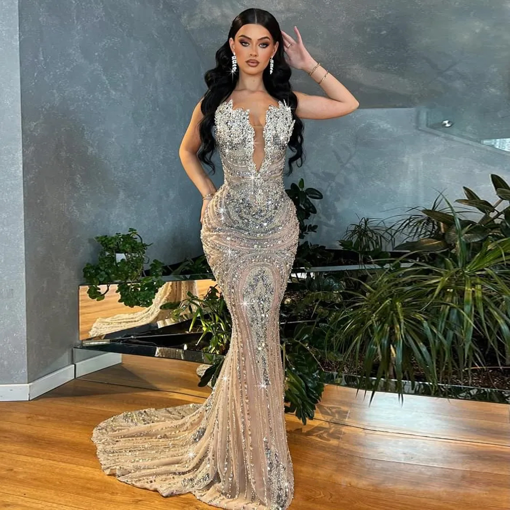 Aso Ebi Luxurious Mermaid Prom Dress Beaded Crystals Illusion Evening Formal Party Second Reception Birthday Engagement Gowns Dress Robe De Soiree