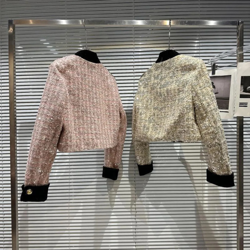 baby Girls Sequin Short Coat Autumn Thick Tweed Single breasted Metal buckle teen jacket kids clothes casaco menina 240227