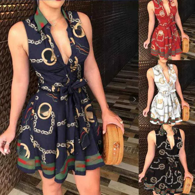 Plus Size Bandage Shirt Womens Lace-Up Button Down Chain Print Lapel Neck Party Dress 3XL Spring Summer Fall Fashion C260311