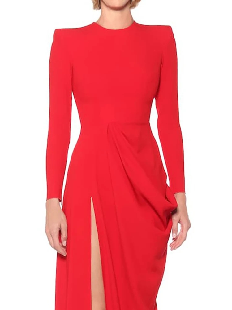 Women's Elegant Evening Formal Dress 2024 O-neck Long Sleeve Broad Shoulder Ruched Split Chiffon Prom Party Gowns Robe De Soiree