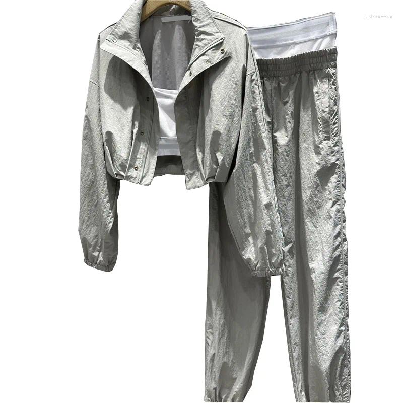 Women's Two Piece Pants Sportswear Casual Girl Windproof Short Windbreaker Vest Elastic Leggings Three-piece Spring and Autumn