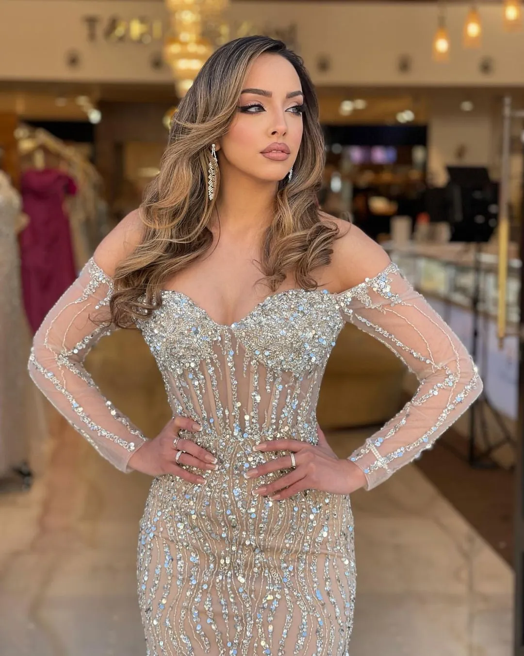 Elegance Mermaid Evening Dress with Beading - Off-Shoulder Long Sleeve Pleated Gown for Prom Parties