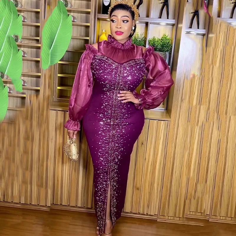 Casual Dresses 2024 African Womens Wear Slim Stretch Rhinestone Dress Gown Stand Collar Off-the-Shoulder Puff Sleeves Floor Length