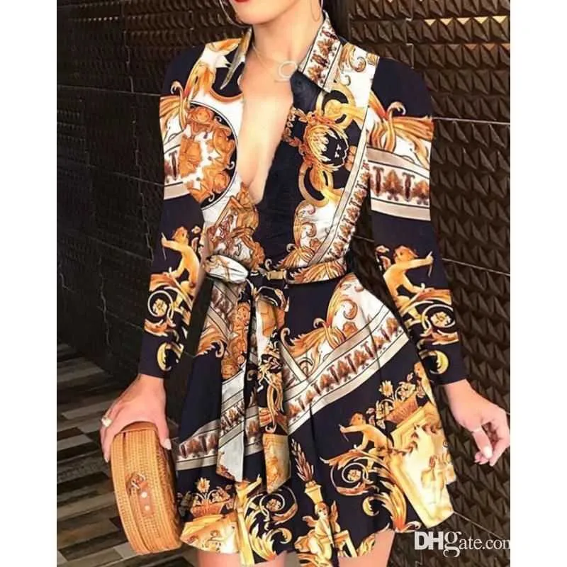 Plus Size Bandage Shirt Womens Lace-Up Button Down Chain Print Lapel Neck Party Dress 3XL Spring Summer Fall Fashion C260311
