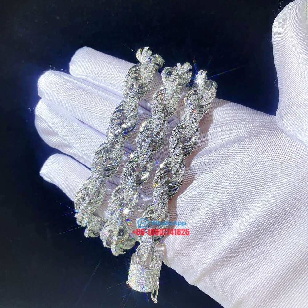 Drop Shipping White Gold 925 Sterling Silver 15mm Micro Pave Vvs Moissanite Diamond Rope Chain Necklace