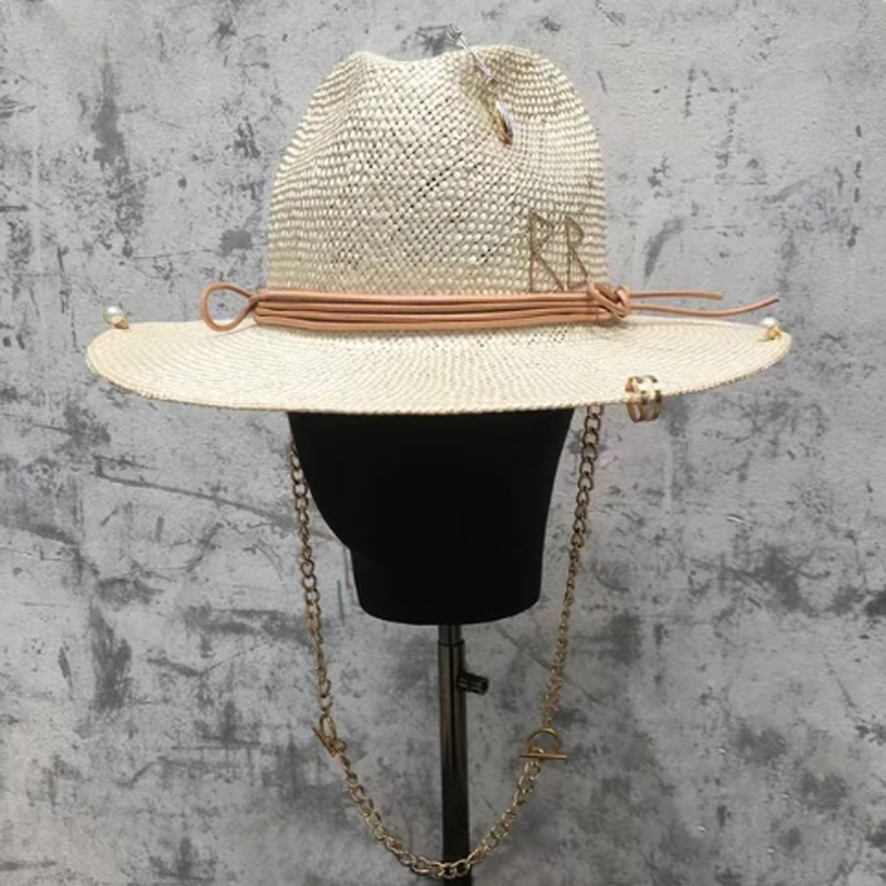 Women's Chain Straw Hat French Hat Letter Accessories Lafite Grass Summer Stripe Sun Hat Punk Style Straw Hat