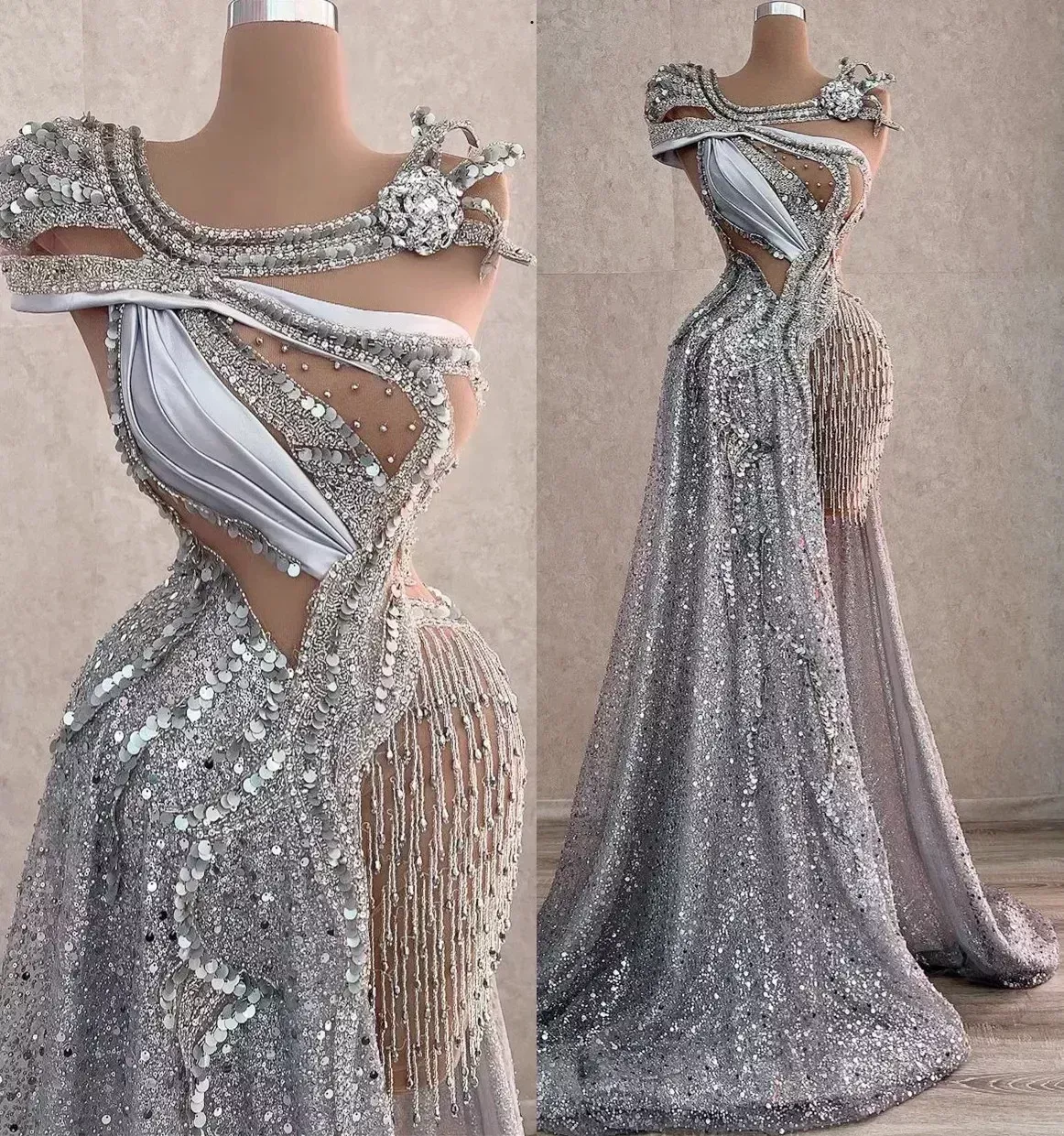 NEW Arabic Aso Ebi Sparkly Silver Luxurious Formal Occasion Prom Dresses Beaded Crystals Evening Formal Party Second Reception Birthday Engagement Gow