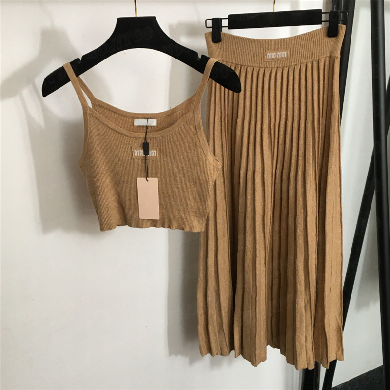 Sexy Knitted Vest Pleated Two Piece For Women Designer Letter Tank Top High Waist Dress Fashion Clothing 27b5