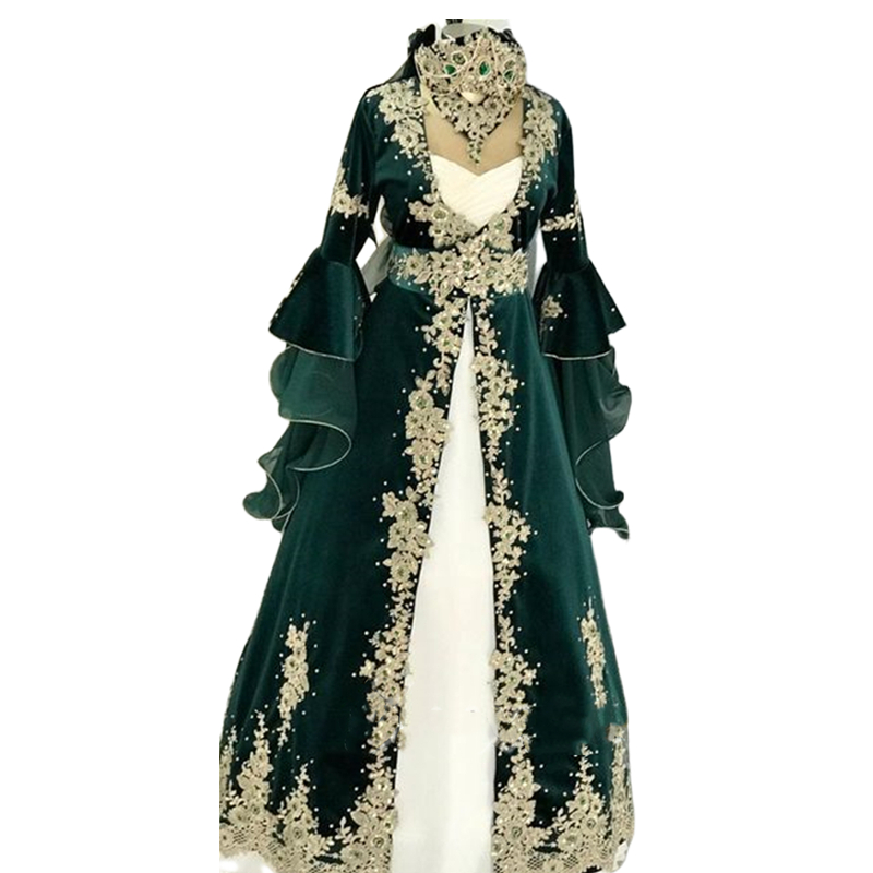 Elegant Arabic Dark Green Velvet Evening Dresses With Gold Lace Appliques Crystals Beaded Flare Long Sleeves Moroccan Kaftan Turkish Formal Party Gown