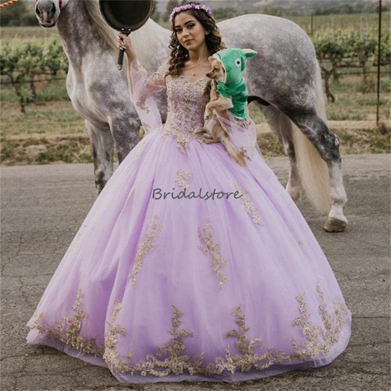 Fairy Light Purple Vestidos De 15 Quinceanera 2024 Princess Fuff Sleeves V Neck Pageant Appliques Lace Birthday Prom Dress ELegant Debutante Sixteen P