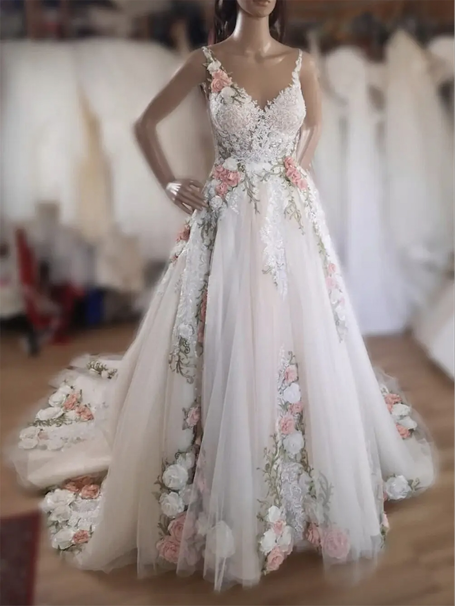 3D ral Applique Sleeveless V-neck Tulle a-e Dresses for Women Bridal Wedding Gowns Formal Ocn