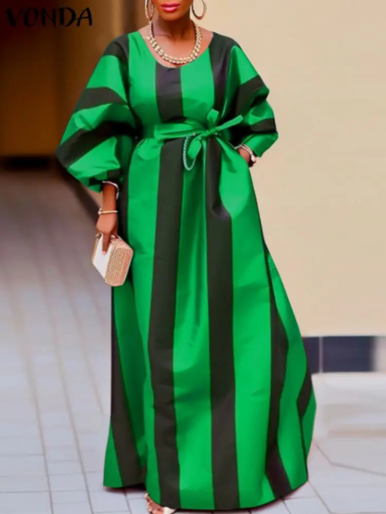 VONDA Bohemian Stripe Long Dres Casual Printed Maxi Sundress 2024 Autumn Lantern Sleeve Loose Belted Party Vestidos 240308