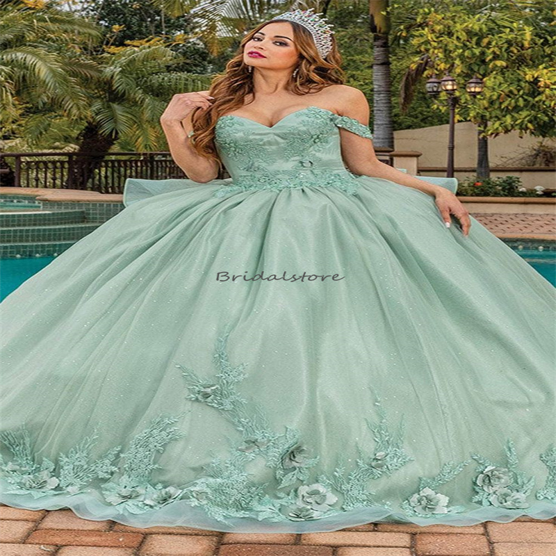 Gorgeous Green Vestidos De 15 Anos Quinceanera 2024 Princess Off Shoulders 3D Florals Sixteen Birthday Dress Elegant Pageant Vestido De Xv Para Sweet 