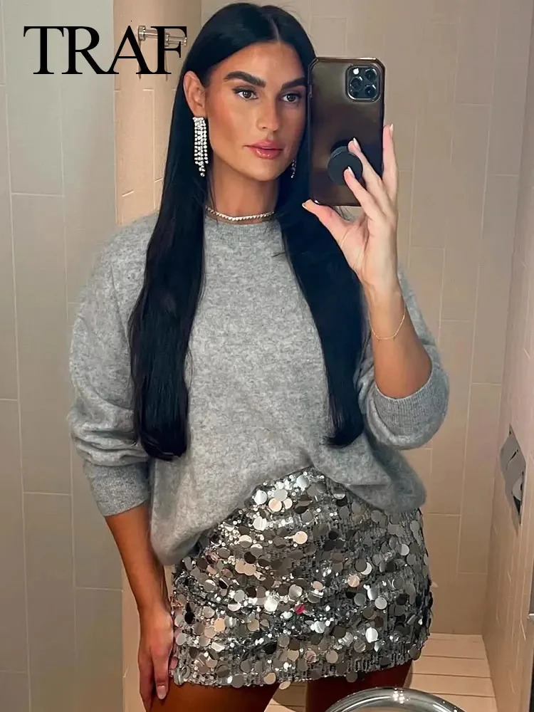 TRAF Sequin Skirt For Women Fashion Shiny Sexy Mini Skirts Y2k Vintage Solid High Waist Slim Skirts Lady Party Club Clothing 240228