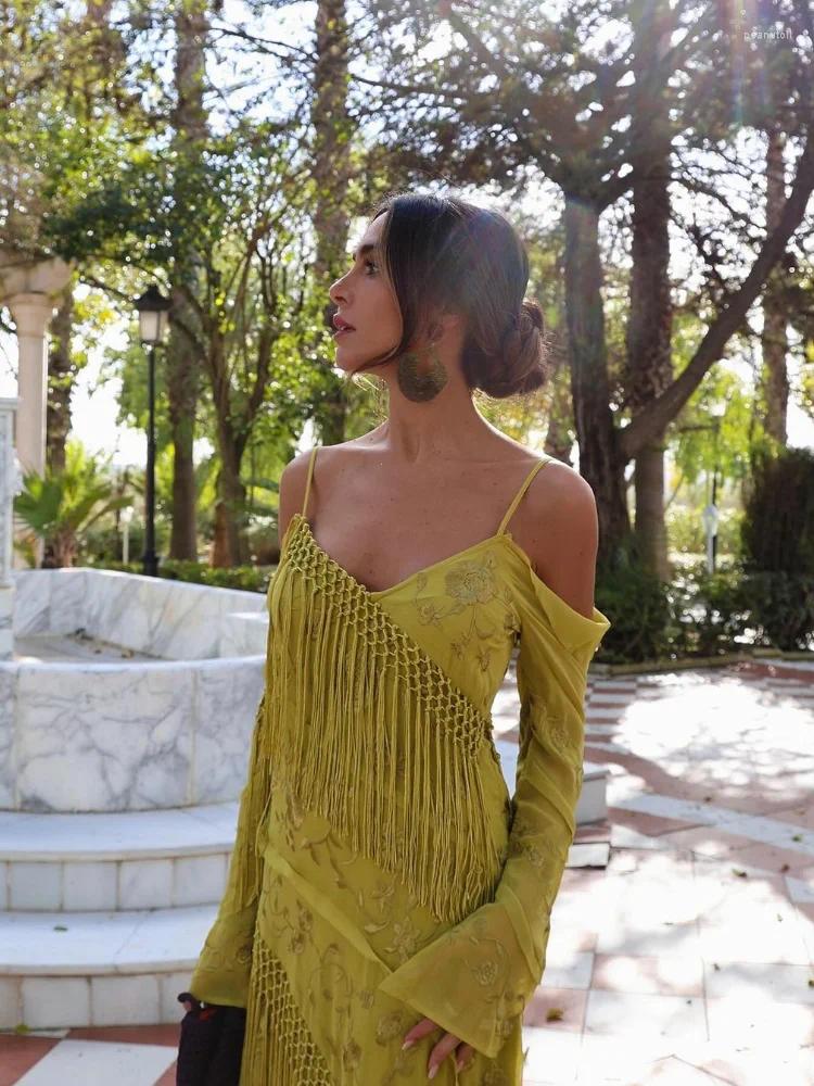 Casual Dresses Spring Elegant Green Tassel Irregular Print Dress Women V-neck Long Sleeve Spaghetti Vestidos Female Fashion High Street Robe