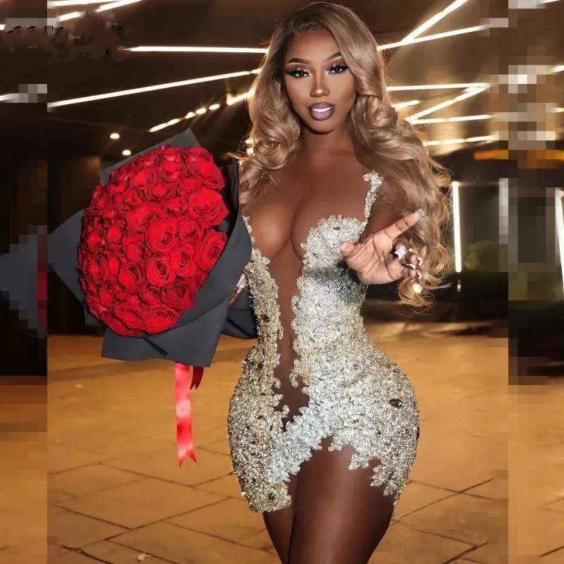 Lace Dresses Giltter Birthday 2024 Sheer Neck Short Prom Gowns Black Girls Vestido De Festa Mini Tial Party Dress