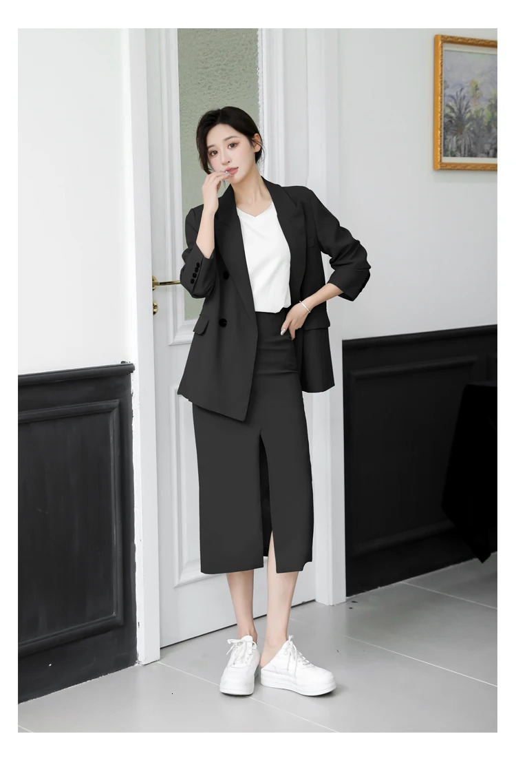 Spring and Autumn Solid Color Skirt Suit Female Longsleeved Doublebreasted Blazer High Waist Open Pencil 240226wtt