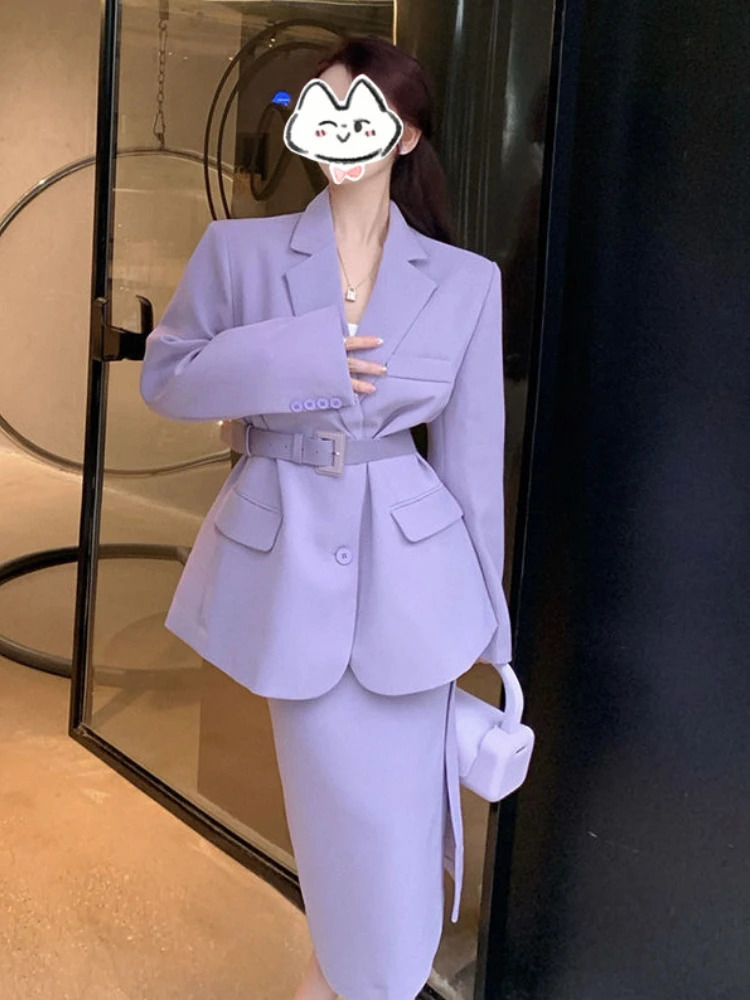 Skirt and Blazer Set Fashion Casual Long Sleeve Top Elegant Womens Sets Purple Blazers Coats Two Piece Women Suits 240226