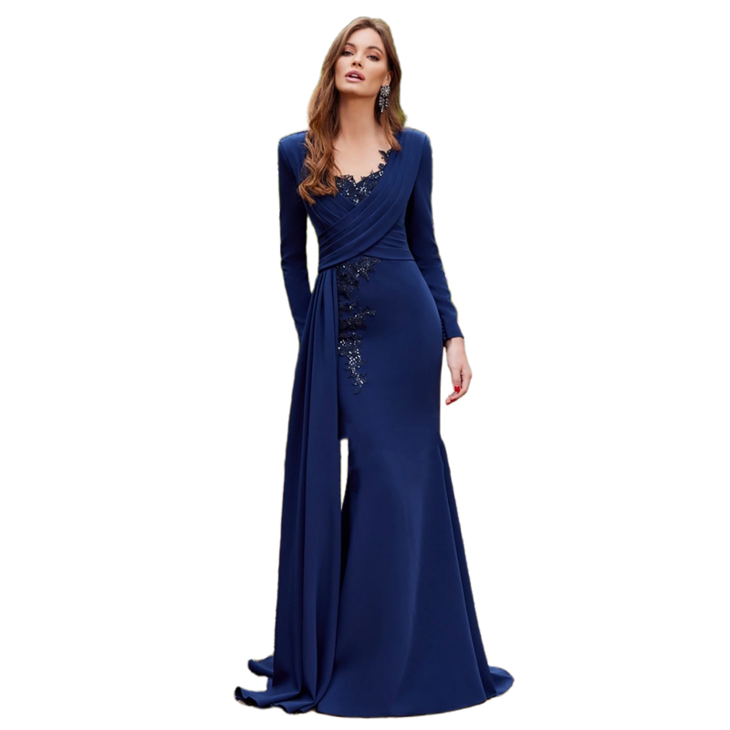 2024 Elegant Long Sleeves Mermaid Mother Of The Bride Dresses Dark Navy Wedding Guest Dress Lace Appliques Pleats Long Satin Prom Wear Modest Satin Ev