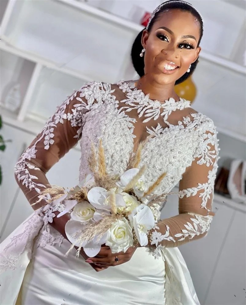 Mermaid Wedding Sexy Vintage Dress For Black Girls Pearls Appliques Lace African Bridal Gowns O Neck Formal Dresses Robe Es 6660305