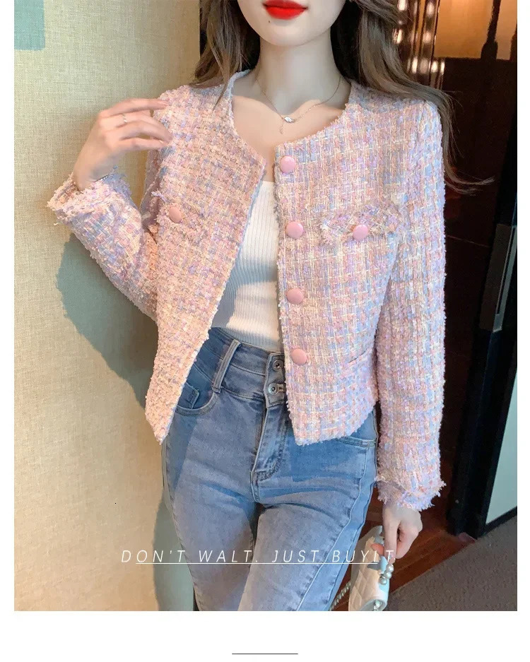 Womens Jacket Autumn Winter Pink Tweed Small Fragrance Coat Short Korean Fashion Advanced Sense Temperament Tops 240307