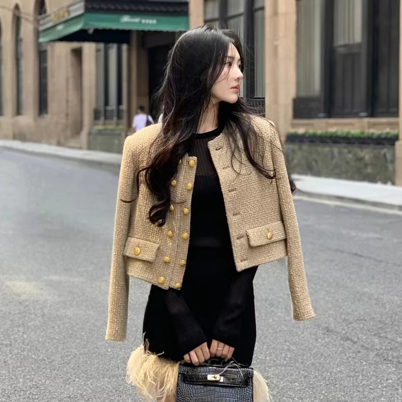 Womens DoubleButton Wool Tweed Jacket Short Temperament Small Fragrance Vintage Autumn and Winter 240226