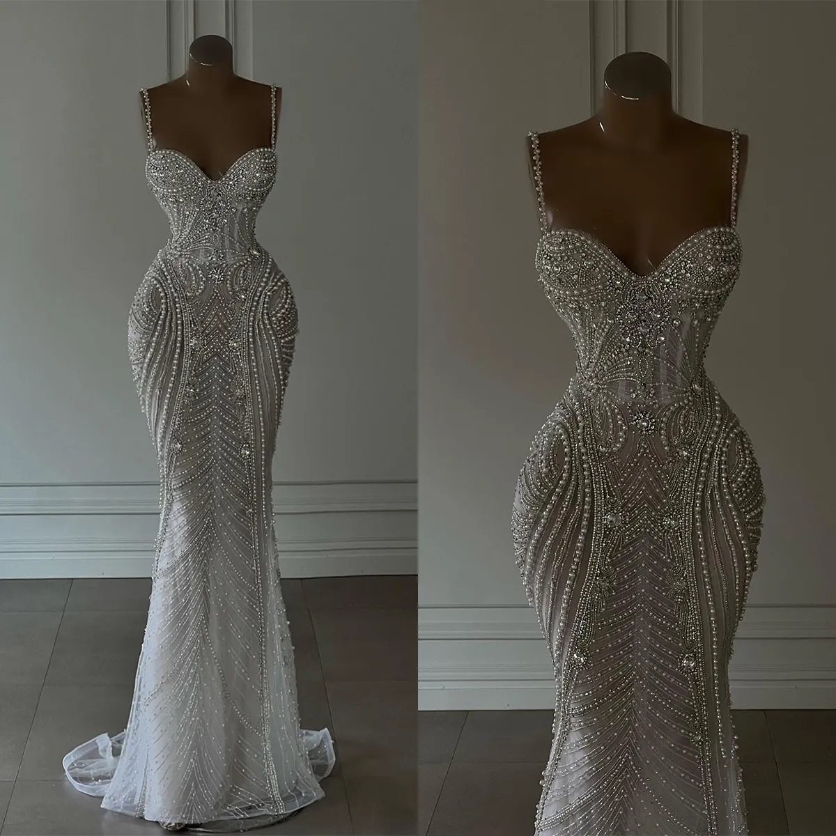 Mermaid Wedding Dress Spaghetti Straps Sweetheart Necke Pearl Chain Backless Zipper Bridal Gown Custom Made Plus Size Vestidos 6660311