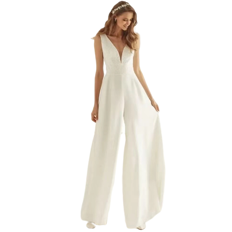 Simple Bride Jumpsuit Wedding Dresses For Women V-Neck Sleeveless Wide Pants Outddor Elopement Gown Bridal wear
