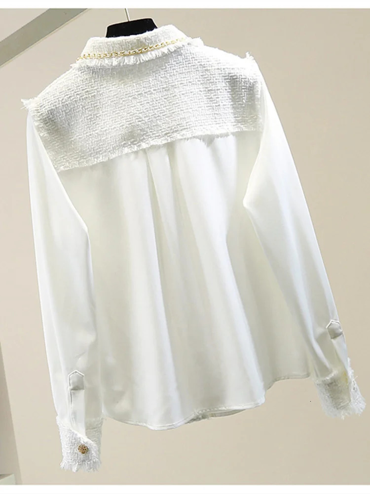 Spring Summer Tweed Patchwork Chiffon Shirt Blouse Women Vintage Long Sleeve Gold Chain Pearls Weave Tassels Pocket Tops 240301