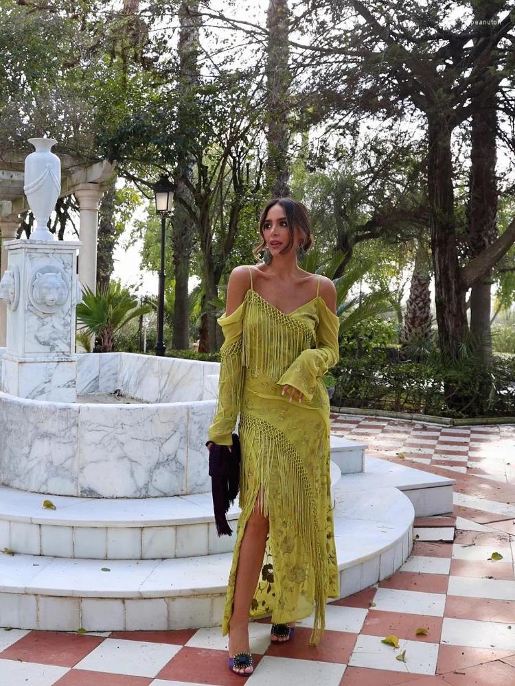 Casual Dresses Spring Elegant Green Tassel Irregular Print Dress Women V-neck Long Sleeve Spaghetti Vestidos Female Fashion High Street Robe