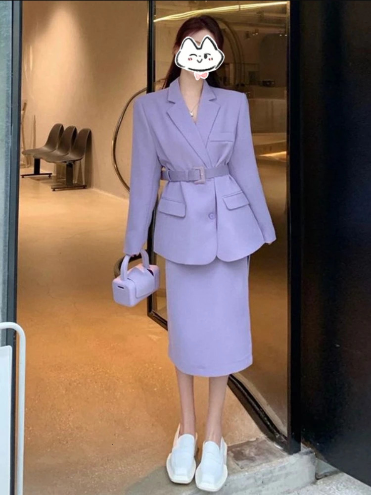 Skirt and Blazer Set Fashion Casual Long Sleeve Top Elegant Womens Sets Purple Blazers Coats Two Piece Women Suits 240226