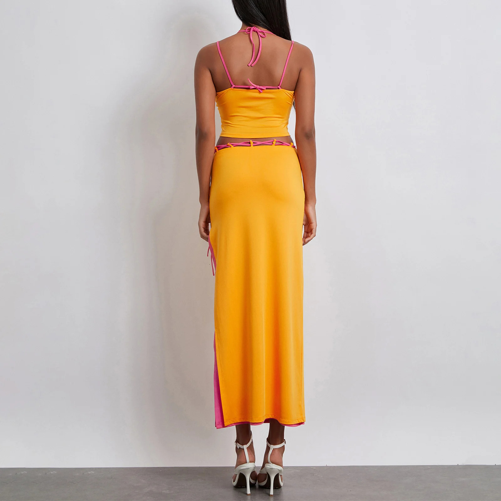 Womens Two Piece Summer Outfits Sleeveless Spaghetti Strap Halter Tops and Long Skirt Set Beachwear 240229