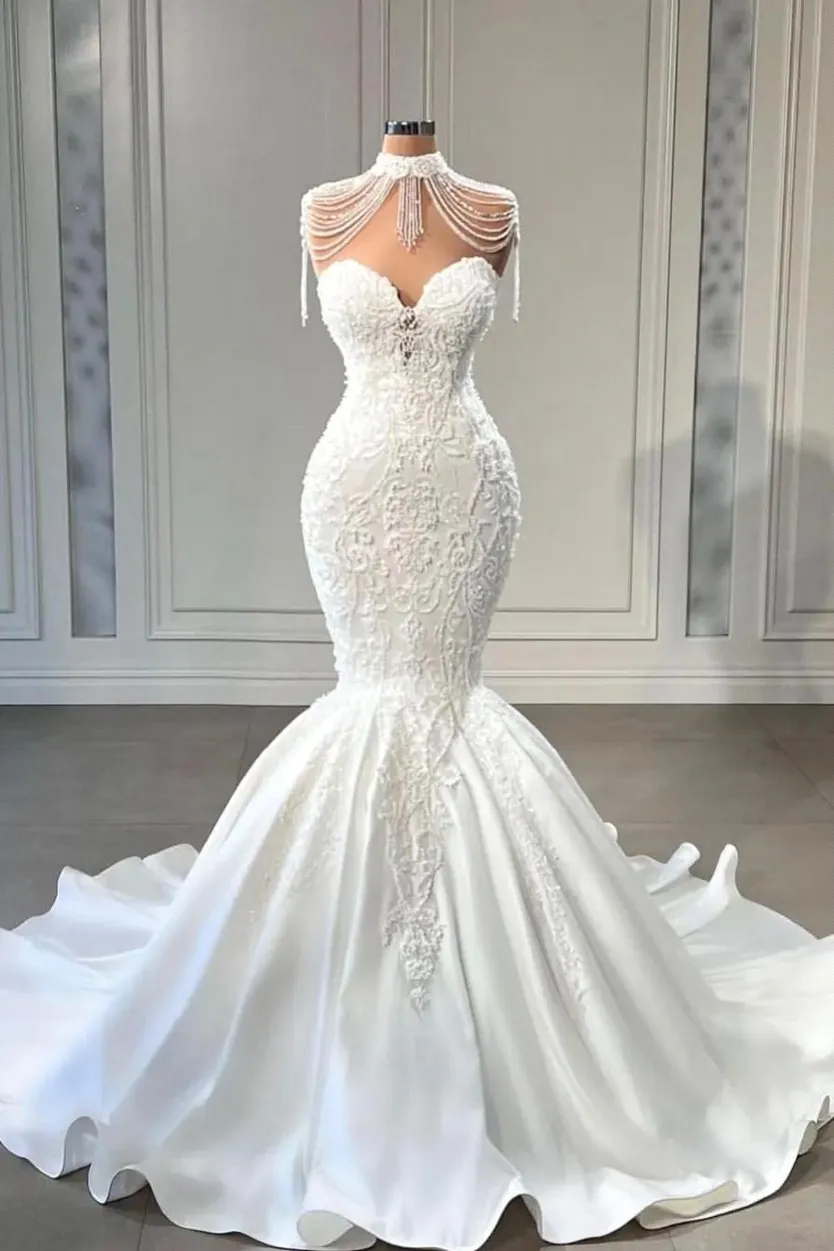 Elegant Sweetheart Lace Mermaid Wedding Dresses Embroidery Beaded Sweep Train Arabic Bridal Gowns BC 6660306