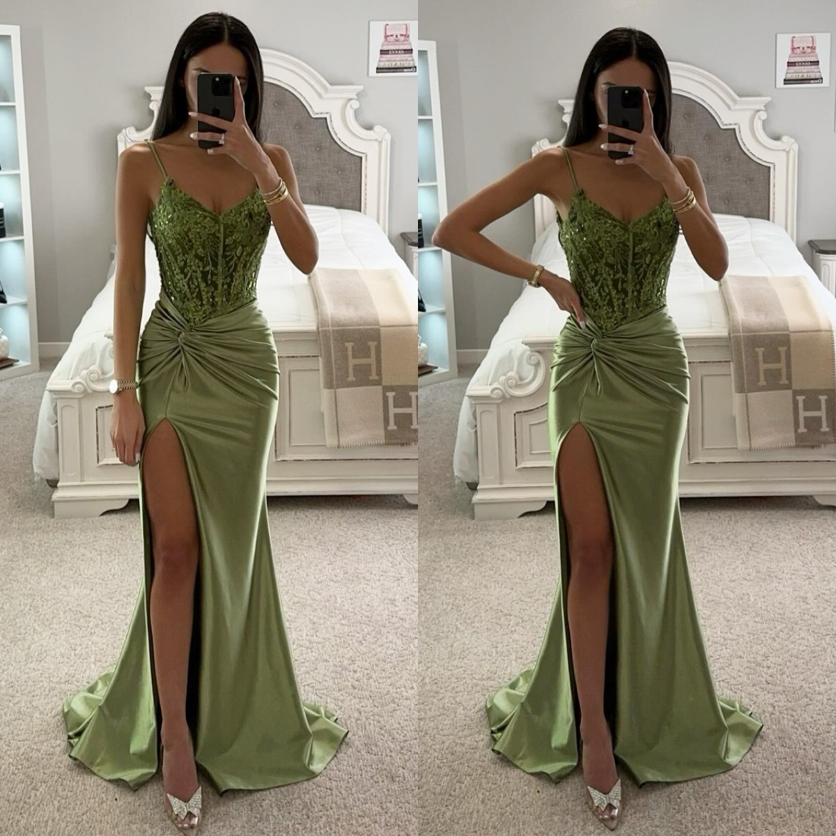 Light green mermaid prom dress sequins lace top straps formal evening dresses elegant pleats party gowns for special occasions robe de soiree