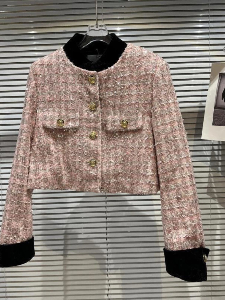 baby Girls Sequin Short Coat Autumn Thick Tweed Single breasted Metal buckle teen jacket kids clothes casaco menina 240227