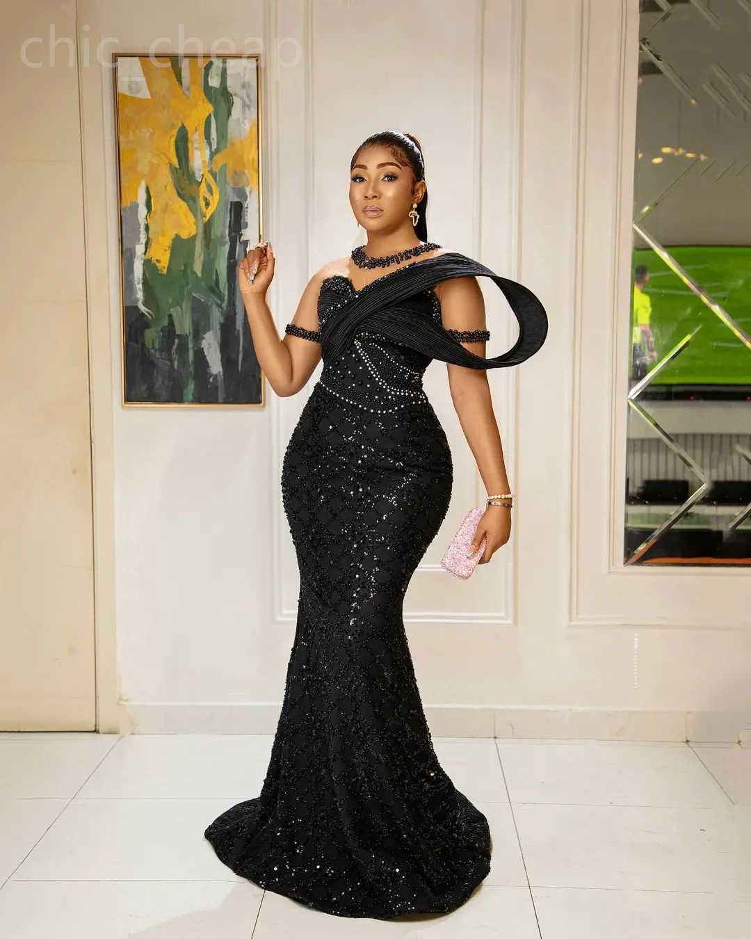 2024 Aso Ebi Black Mermaid Prom Dress Beaded Sheer Neck Evening Formal Party Second Reception 50th Birthday Engagement Gowns Dresses Robe De Soiree ZJ