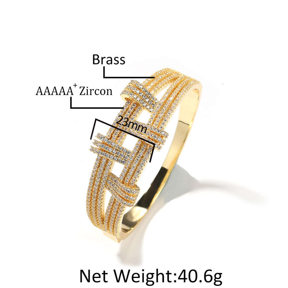 Hip Hop Geometric Double Layer Open Cuff Bangle Bracelet For Men And Women Metal Full Bling Diamond Aesthetic Gold Plated Rapper Cz Stone Jewelry Bijo