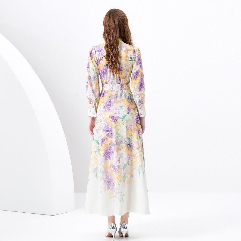 Fancy Front Retro Painted Maxi Shirt Dress Women Stand Collar Buttons Cardigan Swing Dresses Long Sleeve Ladies Elegant Printed Office Casual Party Ro