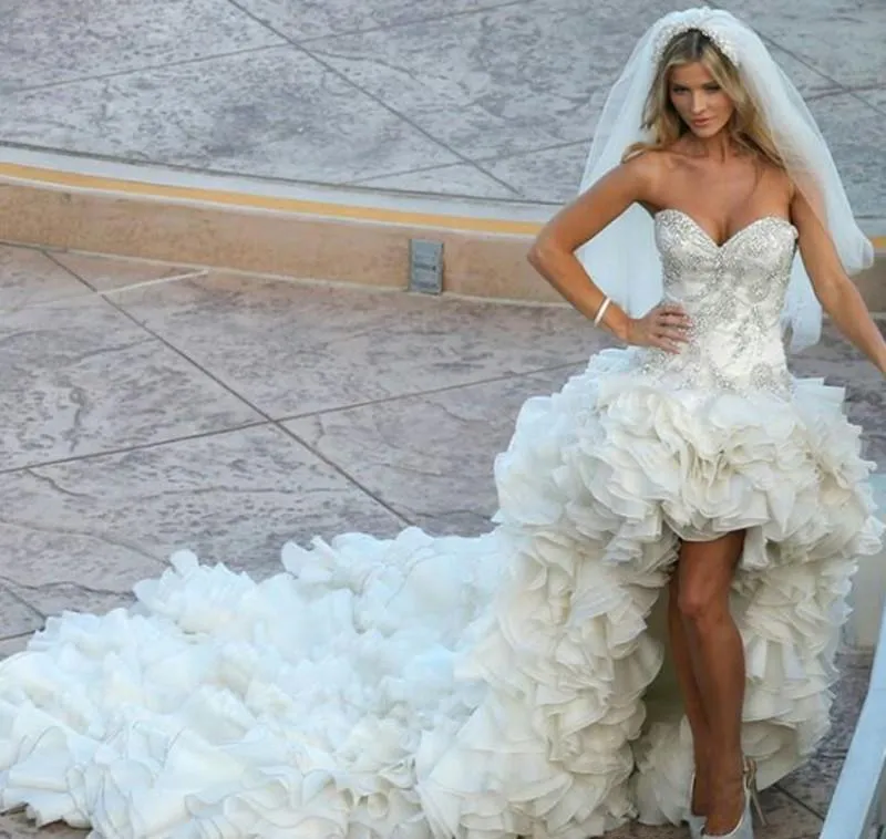 Sexy Mini Ball Gown Prom Dress Luxury High Low Dress Sweetheart Tiers Ruffles Pleat Sweep Tail Long Bridal Gown Custom Made Plus Size