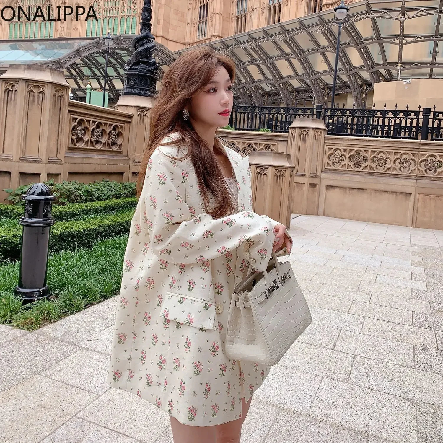 Onalippa Pink Floral Notched Blazer Women Shoulder Pad Single Breasted Women Clothing Korean Sweet Chic Loose Long Sleeves Coats 240228