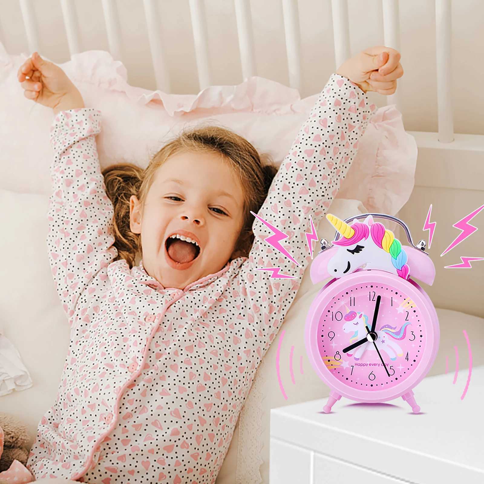 Other Clocks Accessories Pink Unicorn Kids Alarm Clock Double Bell Clock with Backlight Cute Desk Clock Home Decoration Kid Gifts reveil enfantL2403