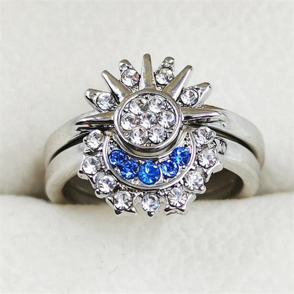 2pc/set Summer Couple Ring Set Sky Blue Sparkling Moon and Sun Ring 2024 New Women's Stackable Finger Set Engagement Jewelry
