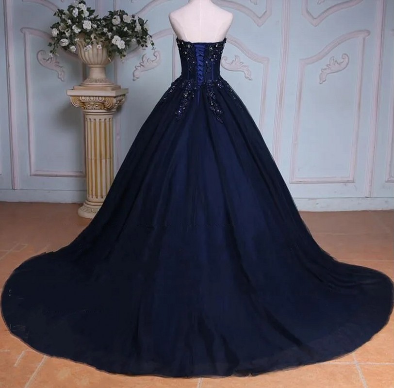 Navy Blue Ball Gown Prom Party Dress 2024 Sweetheart Beaded Lace Appliques Corset Evening Birthday Celebrity Gowns Robe Soiree Vestidos De Noche