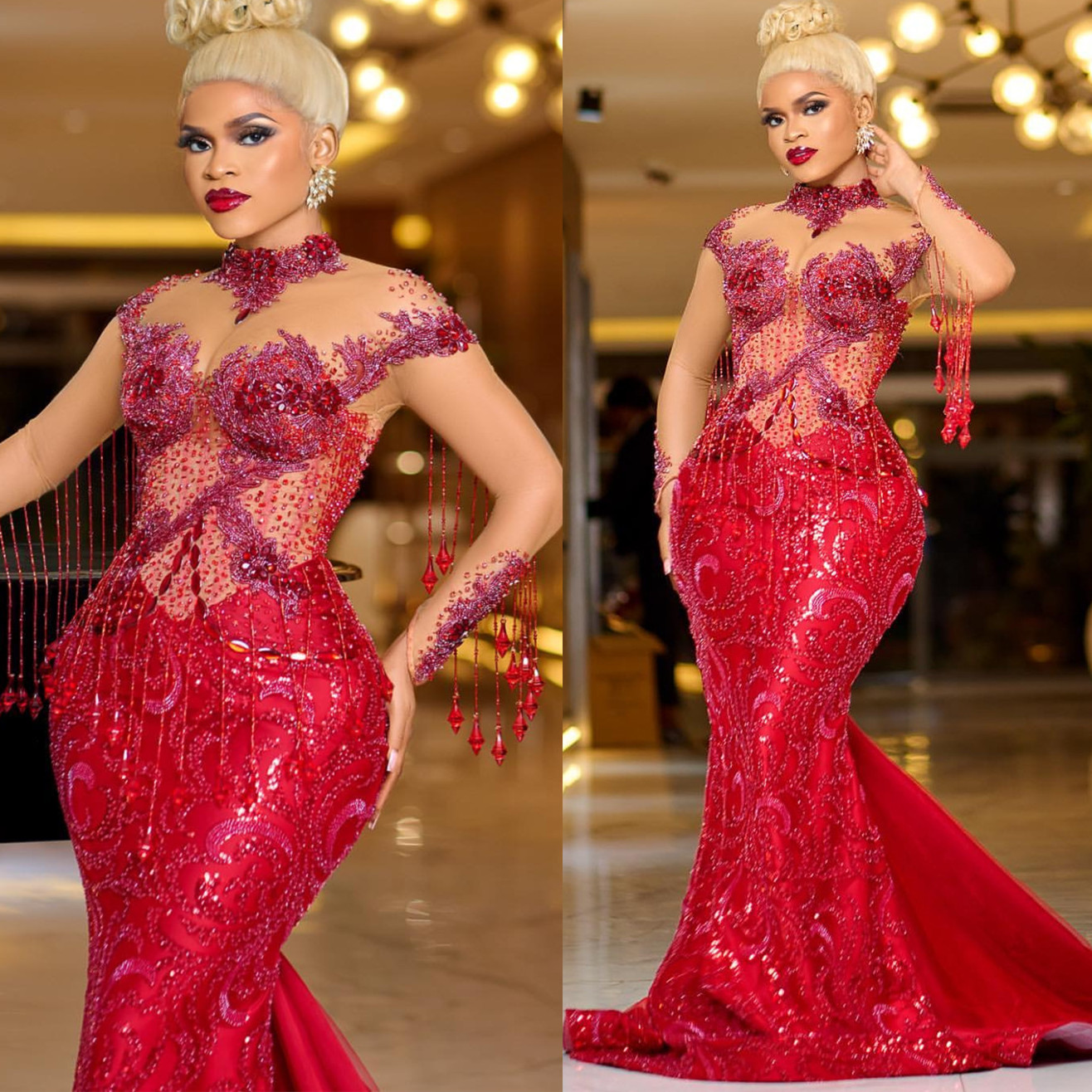 Aso Ebi Red Mermaid Prom Dress Crystals Beadings Sequined Evening Formal Party Second Reception Th Birthday Engagement Gowns Dresses Robe De Soiree ZJ