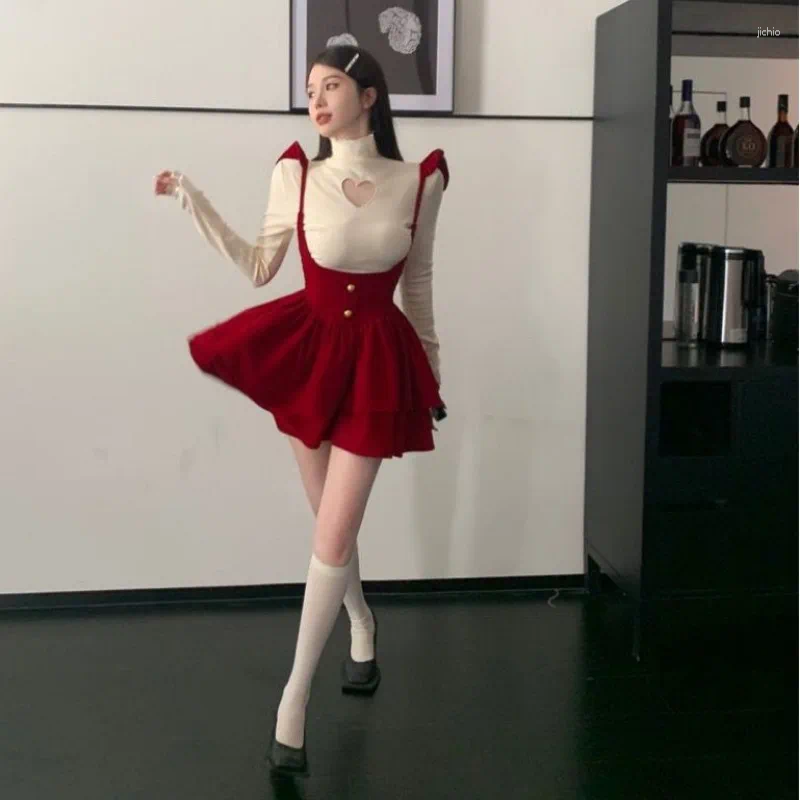 Work Dresses Spicy Girl Love T-shirt Backband Cake Skirt Two Piece Set Women Fashion Flying Sleeves Velvet Hollow High Neck Solid Slim Suit
